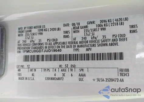 2018 Ford Escape Se из США, поврежденный, VIN 1FMCU0GD7JUD19640